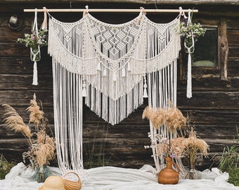 XL Macrame wedding curtain with two plant hangers on sides, Large macrame backdrop for outdoor wedding decor, Boho wedding ceremony arch