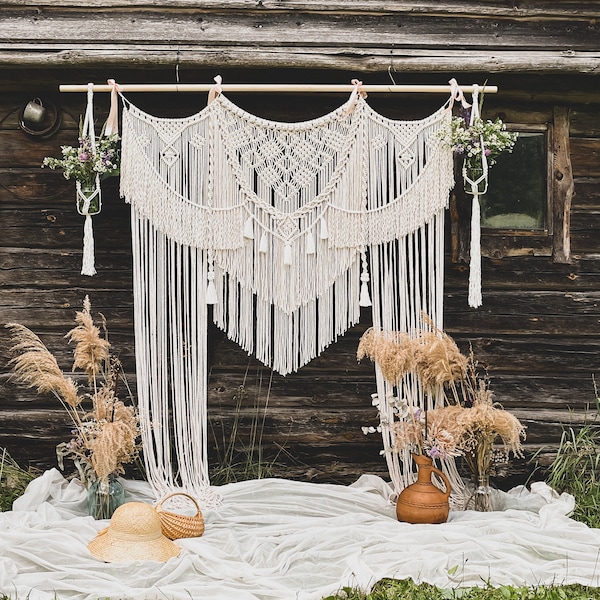 XL Macrame wedding curtain with two plant hangers on sides, Large macrame backdrop for outdoor wedding decor, Boho wedding ceremony arch