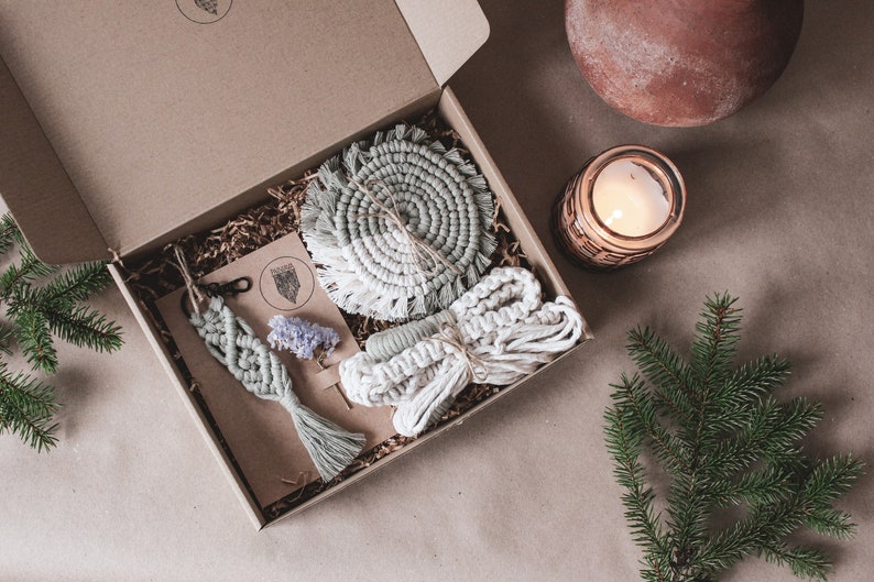 BOHO GIFT BOX for her / Macrame plant hanger macrame cup coaster macrame keychain Christmas gift box / Boho Christmas present for her image 10