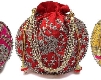 Rajasthani Style Royal Clutch Silk Batwa Bag Wristlets Ethnic Potli For Women ( Pack of 3)