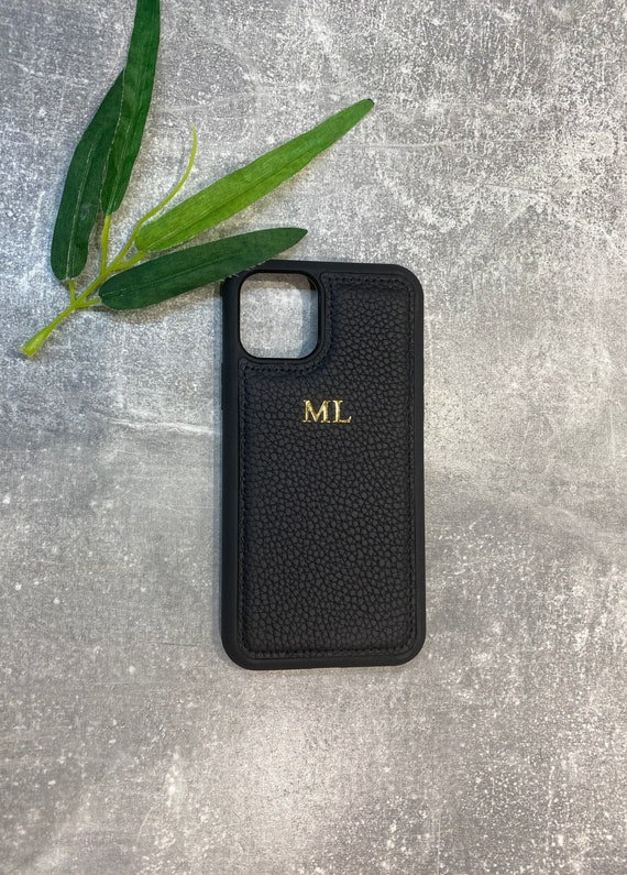 Black Leather iPhone Case Personalised With Any Name or Initials