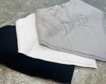 Personalised baby dribble bib embroidered with any name, handkerchief style baby bib.