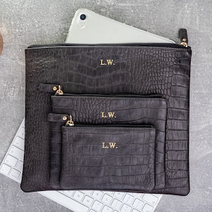 Bolsa, bolsa e bolsa clutch em couro legítimo crocodilo preto | personalizado com suas iniciais ou nome | conjunto de bolsa combinando