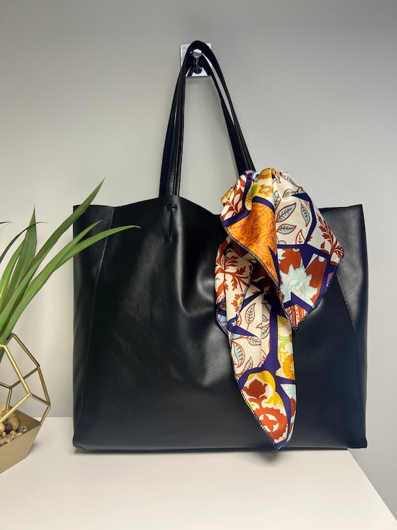 Black Pu Leather Tote Handbag Fashion Bag With Scarf Personalised