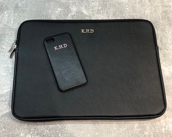 Black pu leather laptop case and pu leather phone case set | personalised with any name or initials | laptop bag