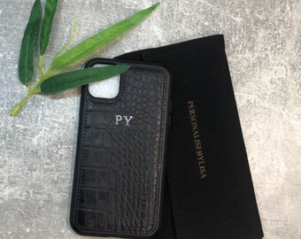 Funda para iPhone de piel de cocodrilo negra personalizada con cualquier nombre o iniciales, funda de teléfono personalizada.