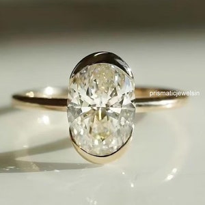 Oval Moissanite Engagement Ring, Half Bezel Solitaire Ring, 14K Gold Diamond Wedding Ring, Promise Ring Gift For Her.