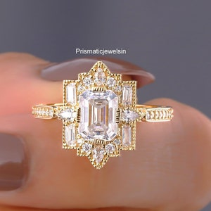 1.5 CT Emerald Cut Engagement Ring Starburst Moissanite Diamond Ring Baguette And Pear Halo Ring Wedding Ring Unique Ring For New Collection