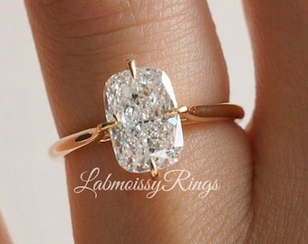 Elongated Cushion Cut Moissanite Engagement Ring, Cushion Solitaire Diamond Wedding Ring, 14K Gold Anniversary Gift