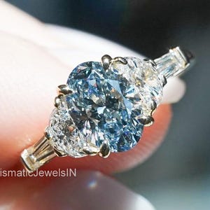Blue Oval Moissanite Engagement Ring, Three Stone Ring with Pear and Baguette Accents, 14K Gold Unique Wedding Ring, Luxury Gift for Her.