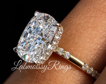 Hidden Halo 3 CT Elongated Cushion Cut Lab Grown Diamond Ring, Engagement Ring, Promise Ring for Women, 14K Gold Ring For Women