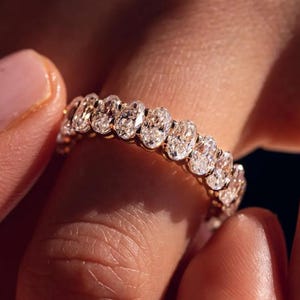 Oval Cut Moissanite Wedding Band Yellow Gold Wedding Band Vintage Unique Half eternity Stacking Ring Matching Promise Anniversary band