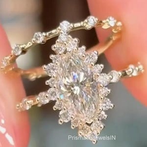 2 CT Marquise Moissanite Engagement Ring and Wedding Ring Set Marquise Bridal Set Art Deco Anniversary Ring 14K Solid Gold Ring For Women