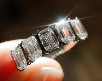 Five Stone Emerald Cut Engagement Ring Moissanite Diamond Ring Half Bezel Set Ring 18K Gold Ring Solitaire Ring Wedding Gift For Wife Love