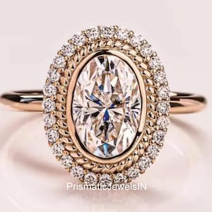 Bezel Set 3 CT Oval Cut Moissanite Ring Oval Halo Engagement Ring 14K Gold Unique Wedding Ring Oval Vintage Ring Anniversary Ring For Women.