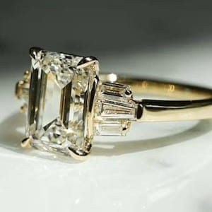 3 CT Emerald Cut Moissanite Engagement Ring 14K Solid Gold Emerald & Baguette Cut Wedding Anniversary Ring Gift for Women Cluster Ring.