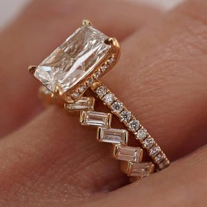 Low Profile Baguette Moissanite Bridal Ring, Dainty Baguette Stacking Ring, 14k Yellow Gold Bridal Set Wedding Ring Band, Customize Ring