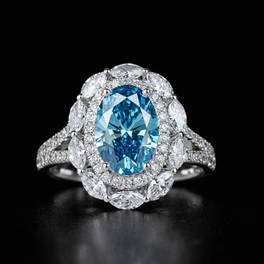 2 Carat Fancy Vivid Blue Lab Diamond Oval Halo Engagement Ring, IGI ...