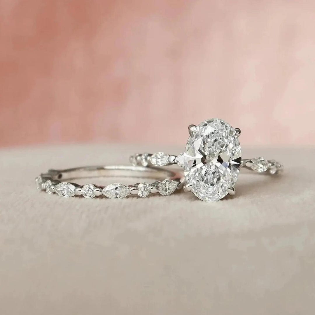 3 CT Oval Cut Moissanite Engagement Ring Oval Bridal Ring Set 14K White ...