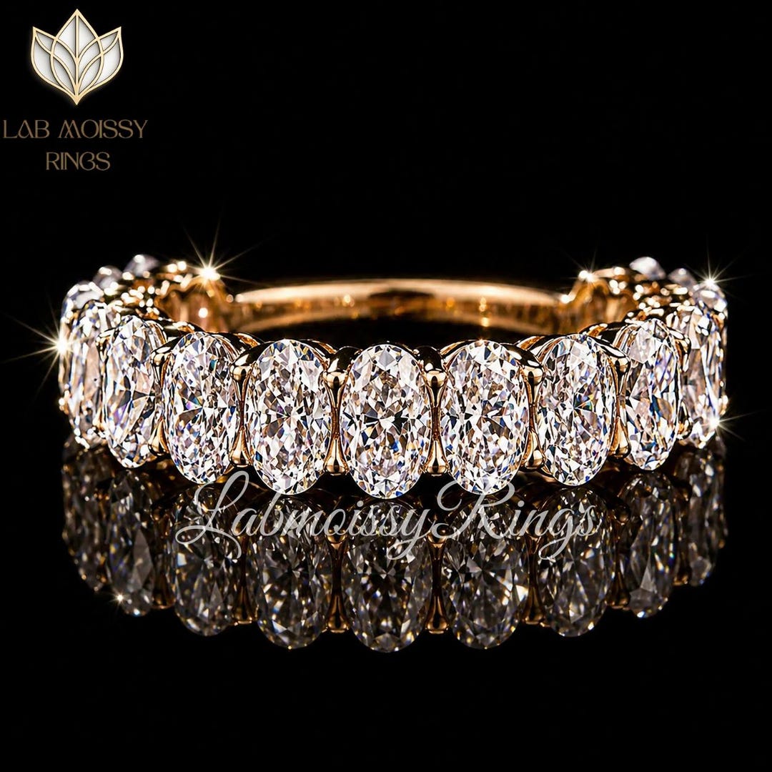 Oval Cut Moissanite Wedding Band, 14K Yellow Gold Half Eternity Ring ...