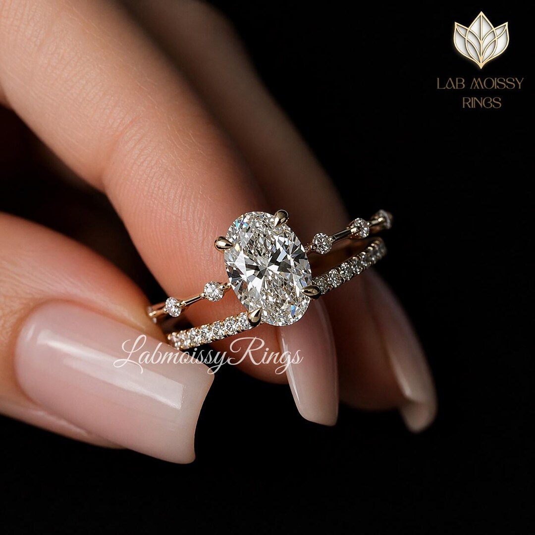 3 CT Oval Moissanite Engagement Ring Set Oval Bridal Ring Set 14K Gold ...