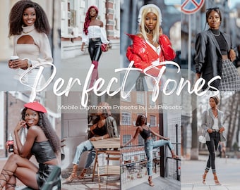 May include: A collage of images featuring women wearing different outfits and poses. The text "Perfect Tones" and "Mobile Lightroom Presets by JuliPresets" is displayed in the center of the image.