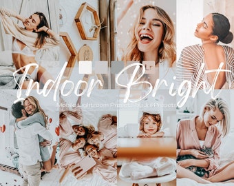 May include: A collage of images showcasing a collection of mobile Lightroom presets called "Indoor Bright" by JuliPresets. The images feature people in various indoor settings, with a bright and airy aesthetic.