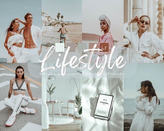 May include: A collage of images featuring people in various settings, including a couple on a street, a woman on a beach, a woman in a white shirt, and a woman in a pink shirt. The images are all in a warm, natural light and have a soft, dreamy aesthetic. The text "Lifestyle Mobile Lightroom Presets by JuliPresets" is displayed at the bottom of the collage.