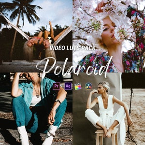 Puede incluir: Un collage de cuatro imágenes con personas en diferentes entornos. La imagen superior izquierda muestra a dos personas en una hamaca en una playa. La imagen superior derecha muestra a una persona con cabello rubio usando un vestido floral y de pie frente a un árbol de cerezo en flor. La imagen inferior izquierda muestra a una persona usando una chaqueta de mezclilla y zapatos blancos sentada en el suelo. La imagen inferior derecha muestra a una persona usando una blusa blanca y pantalones blancos sentada en un taburete de madera. El texto "VIDEO LUTs PACK Polaroid" se muestra en el centro del collage.