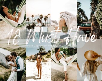 May include: A collage of images featuring people enjoying summer activities, including relaxing in hammocks, reading books, and taking photos. The text "18 Must Have Mobile Lightroom Presets by JuliPresets" is displayed in the center of the collage.
