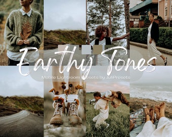 May include: A collection of mobile Lightroom presets with a warm, earthy color palette. The presets are called "Earthy Tones" and are by JuliPresets.