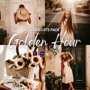 May include: A set of video LUTs called "Golden Hour" for use in Premiere Pro and After Effects. The image shows a woman wearing a white dress and a straw hat, standing in front of a door. The image also shows a bouquet of sunflowers in a wicker basket.