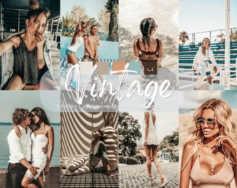 May include: A collage of images showcasing a variety of mobile Lightroom presets. The presets are designed to give photos a vintage aesthetic. The images feature people in different settings, including a beach, a pool, and a city street.