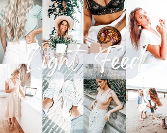 May include: A collage of images showcasing a collection of mobile Lightroom presets called "Light Feed" by Juli Presets. The images feature various people in different settings, including a woman in a white dress, a woman in a white shirt, a woman in a white top, a woman in a white dress, and a woman in a white top. The images are all edited with a light and airy aesthetic.