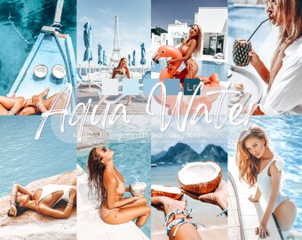 May include: A collage of images featuring a tropical vacation theme. The images include a woman in a swimsuit on a pink flamingo float, a woman in a white swimsuit by a pool, a woman in a white swimsuit on a boat, and a woman in a pink swimsuit holding a coconut. The text "Aqua Water Mobile Lightroom Presets by JuliPresets" is featured in the center of the collage.