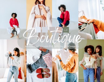 May include: A collage of images showcasing various fashion styles and clothing items. The images feature a variety of clothing items, including a white coat, a red sweater, a white shirt, a striped shirt, a brown sweater, a white top, and blue jeans. The text "Boutique Mobile Lightroom Presets by JuliPresets" is displayed in the center of the collage.