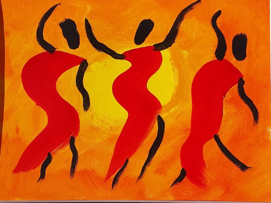 African Inspired Art of Ladies Dancing Bright Orange & Yellow Original