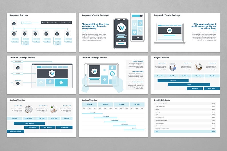 Op de afbeelding: Een website-redesign voorstelpresentatie met een sitemap, website-redesignfuncties, projecttijdlijn en gedetailleerde schatting. De presentatie gebruikt een blauw en wit kleurenschema met een logo met de letter "W".
