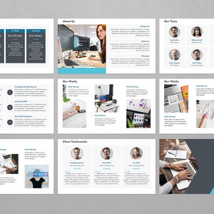 Op de afbeelding: Een presentatieslidedeck met een blauw en grijs kleurenschema. Het slidedeck bevat informatie over hostingpakketten, diensten, ons team, onze werken en klantbeoordelingen. Het slidedeck bevat ook afbeeldingen van mensen die aan computers en andere apparaten werken.