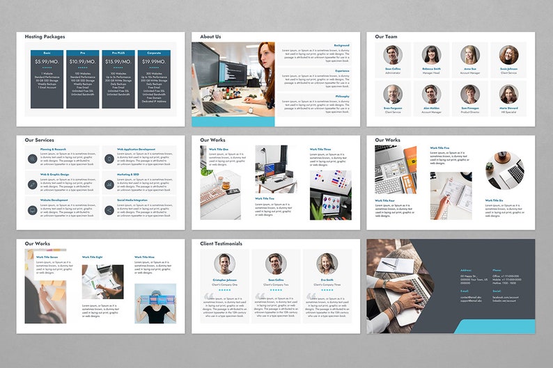 Op de afbeelding: Een presentatieslidedeck met een blauw en grijs kleurenschema. Het slidedeck bevat informatie over hostingpakketten, diensten, ons team, onze werken en klantbeoordelingen. Het slidedeck bevat ook afbeeldingen van mensen die aan computers en andere apparaten werken.