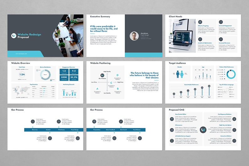 Op de afbeelding: Een voorstel voor een website-redesign met een blauw en grijs kleurenschema. Het voorstel omvat secties voor een website-overzicht, website-positionering, doelgroep, voorgesteld CMS en ons proces. Het voorstel bevat ook een citaat: "Als het leven voorspelbaar zou zijn, zou het ophouden met leven te zijn, en het zou smaakloos zijn."