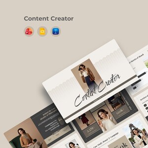 Peut inclure: Une présentation intitulée "Content Creator" sur un fond beige clair. La présentation comprend des images d'une femme avec un appareil photo et d'autres images avec du texte et des graphiques. Le texte comprend "Behind the Lens Identity & Philosophy" et "Case Study: Brand X Campaign".
