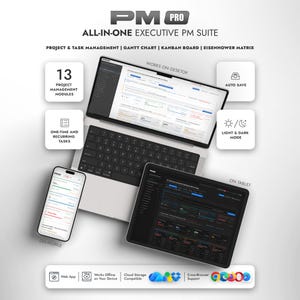 Può includere: Suite di gestione progetti esecutiva all-in-one PM Pro visualizzata su laptop, tablet e smartphone. Include 13 moduli, diagrammi di Gantt, bacheche Kanban, matrice di Eisenhower, salvataggio automatico e modalità chiara e scura per uso multipiattaforma.