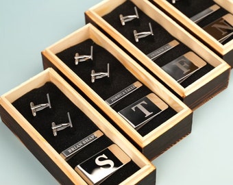 Groomsmen Gifts - Personalized Cufflinks Tie Clip Money Clip Set with Wood Box - Groomsman Gift Best Man Gift - Gift for Dad Husband