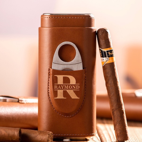 Personalized Cigar Case, Leather Cigar Holder with Cutter, Cigar Travel Case, Groomsmen Gifts, Gift for Dad Husband Gift for Him