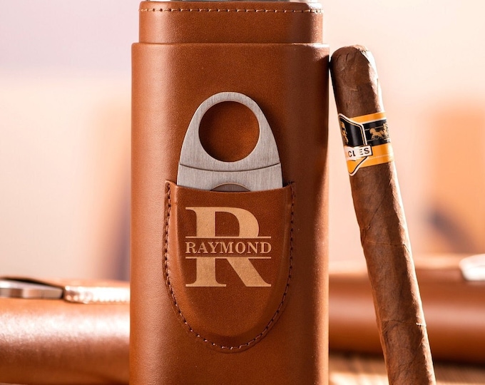 Personalized Cigar Case, Leather Cigar Holder with Cutter, Cigar Travel Case, Groomsmen Gifts, Gift for Dad Husband Gift for Him