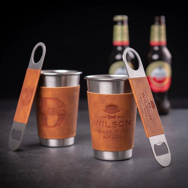 Personalized Beer Mugs with Leather Holder, Beer Cups, Engraved Bottle Opener, Groomsmen Gifts, Best Man Gift, Wedding Party Gifts