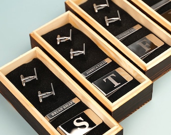 Groomsmen Gifts - Personalized Cufflinks Tie Clip Money Clip Set with Wood Box - Groomsman Gift