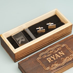 Gift for Men, Personalized Cufflinks Tie Clip Money Clip Set with Wood Box, Christmas Gift for Dad Brother Husband Boyfriend Gift for Him