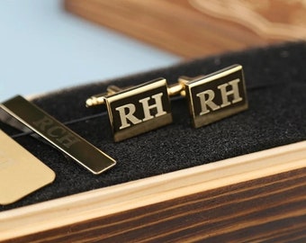 Personalized Cufflinks Tie Clip Set with Wood Box - Groomsmen Gifts Groomsman Gift Best Man Gift, Gift for Him, Gift for Dad